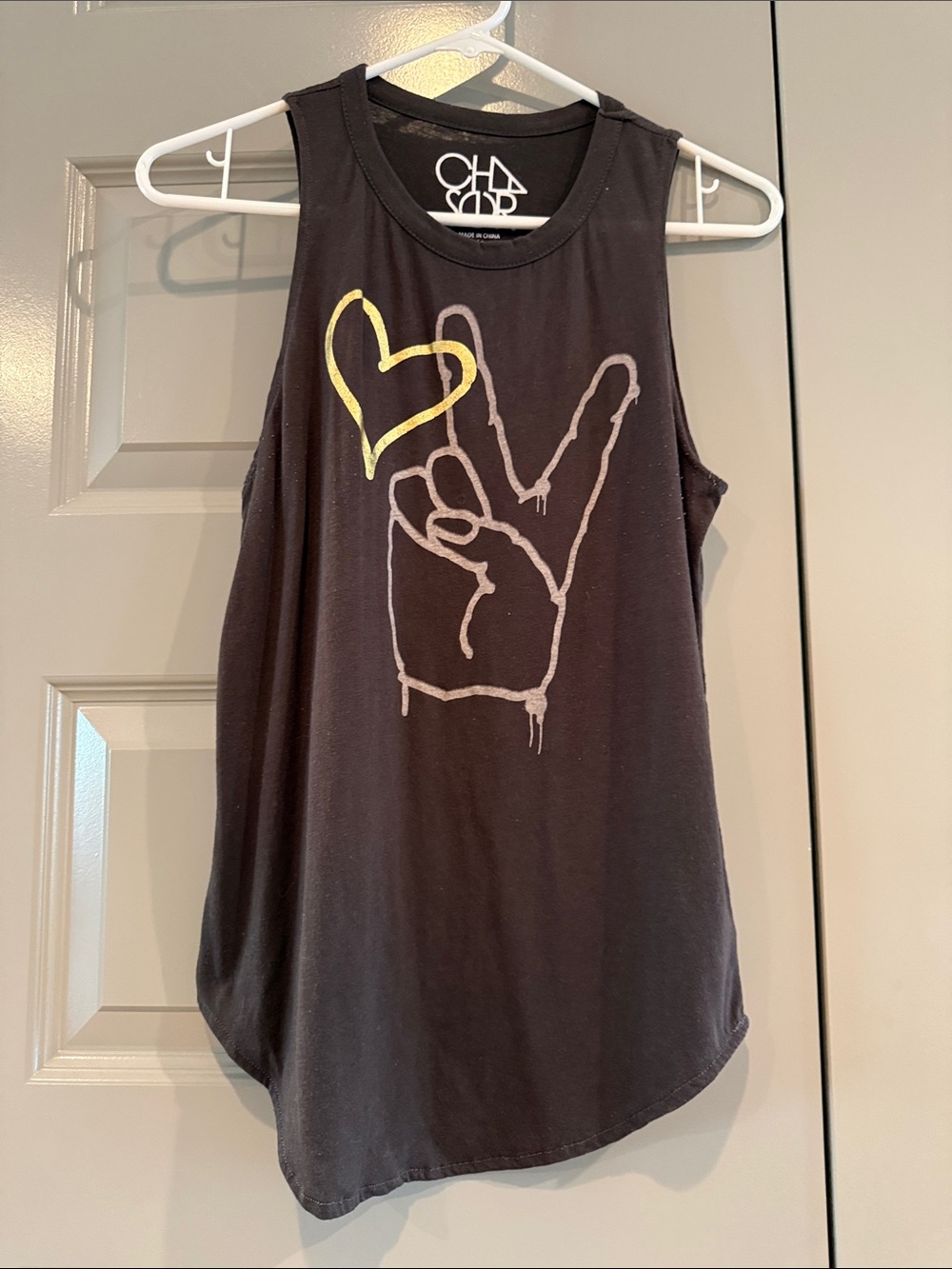 Chaser Brown Graphic Muscle Tank with Peace Hand & Gold Heart